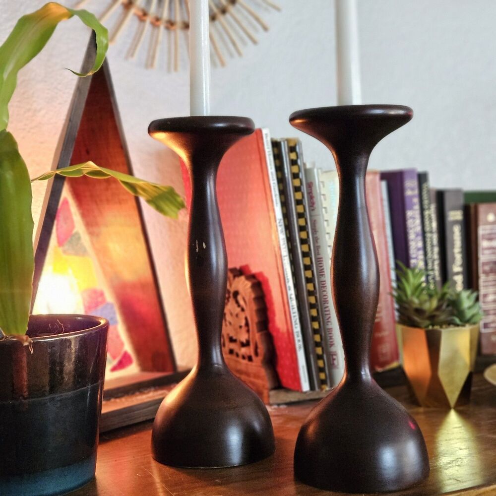 Vtg Tall Candle Holders Turned Dark Wood Set of 2 Felted Base Bohemia Candelabra - Picture 3 of 12